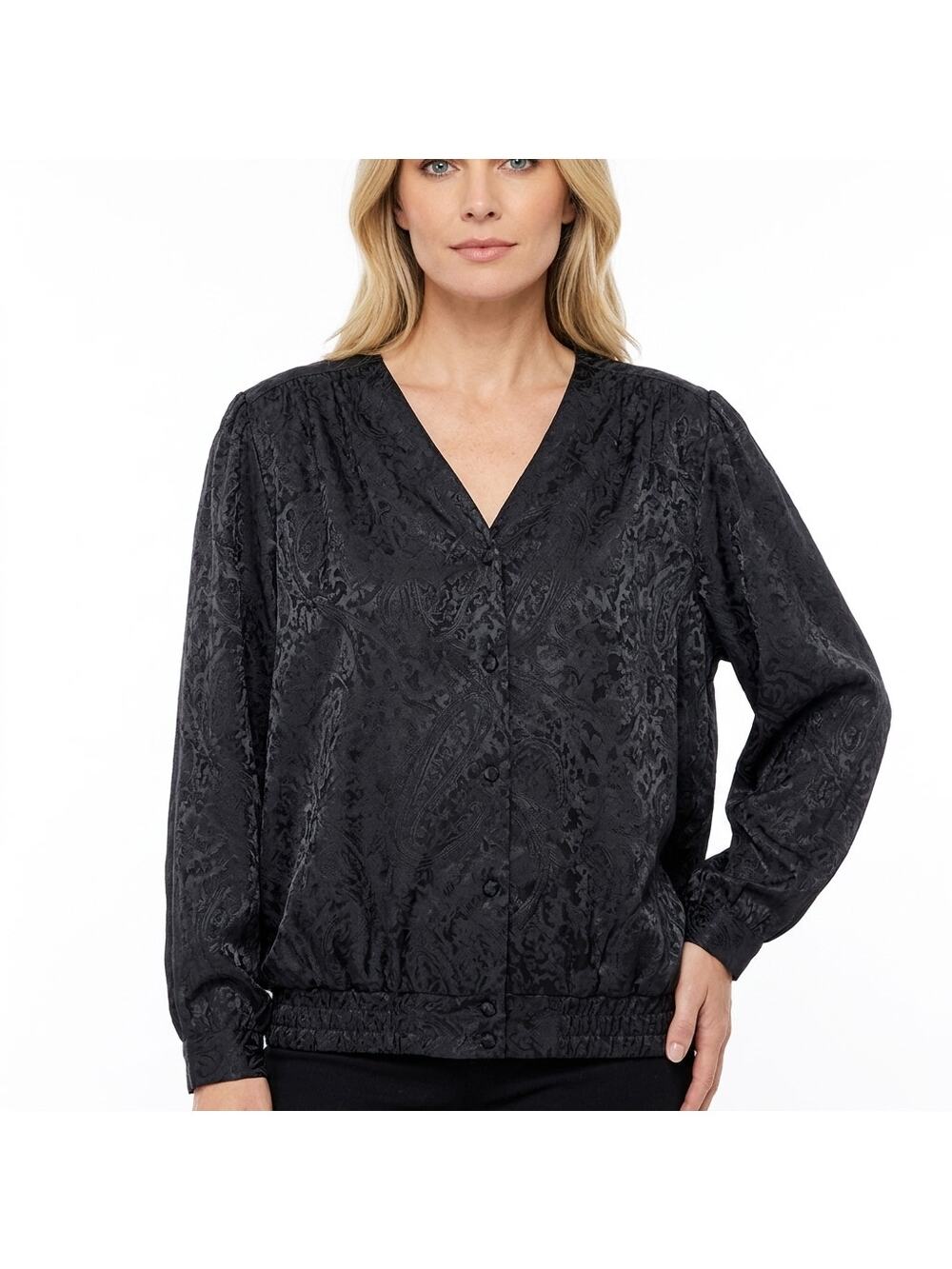 DIVERSITY Plus Solid Jacquard Size Blouse Black Long Sleeve Size Size 20W(40)